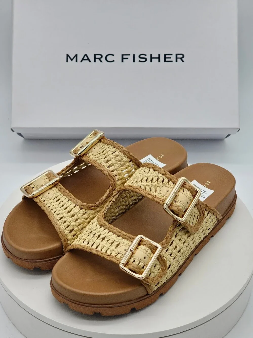 Marc Fisher Mylan Woven Buckle Slide Sandals Women’s Size 9.5 Medium Natural